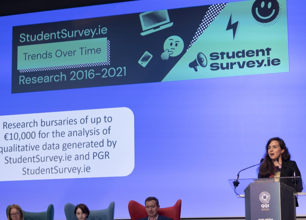 Photograph of Siobhán Nic Fhlannchadha launching the National Report 2022